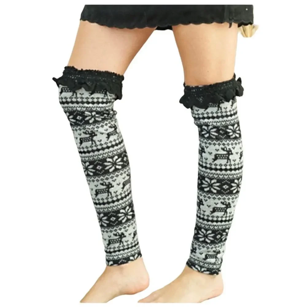 Nordic Print Leg Warmer/Boot Topper Crochet Lace Over the Knee Black And Gray S/